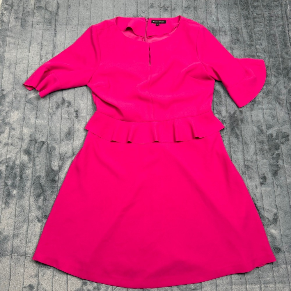 Banana Republic Hot Pink Peplum Bell Sleeve Fit Flare Dress 14 Magenta Keyhole